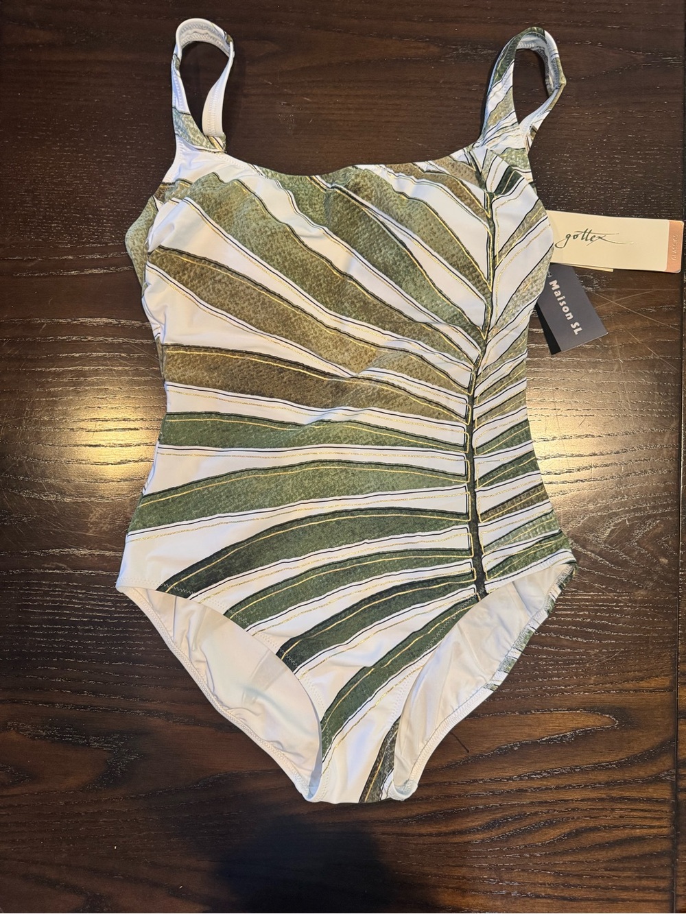 Gottex White One-Piece Swimsuit with Green Leaf Stripe